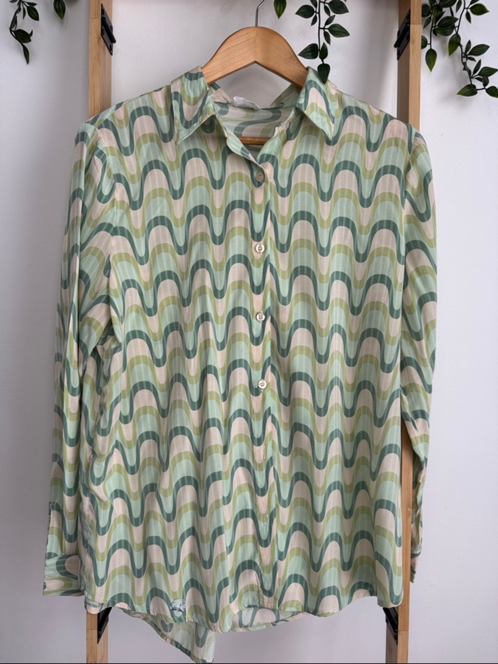 Cotton On Men Oversized Sage Green 70s Vibe Groovy Wave Resort Silky Shirt M
